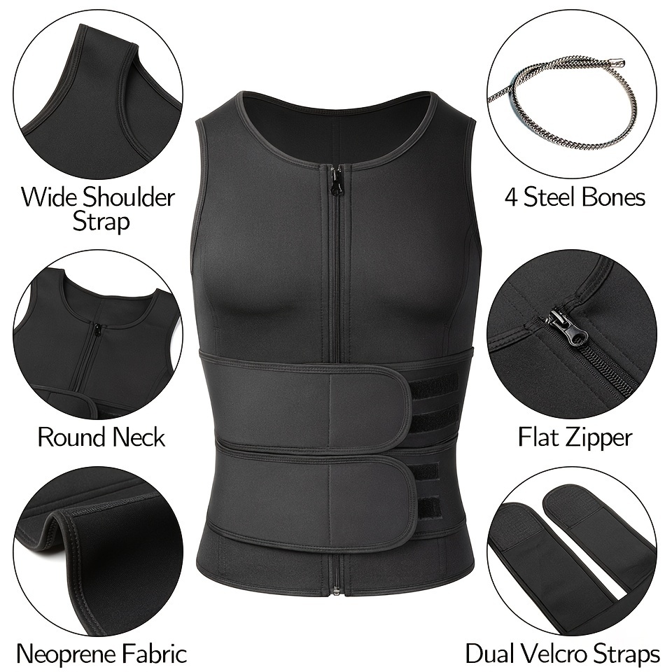 1pc mens high stretch polyester waist trainer vest knit fabric crew neck sleeveless top with zipper and adjustable belt for sports sauna compression shapewear fat burner workout details 2