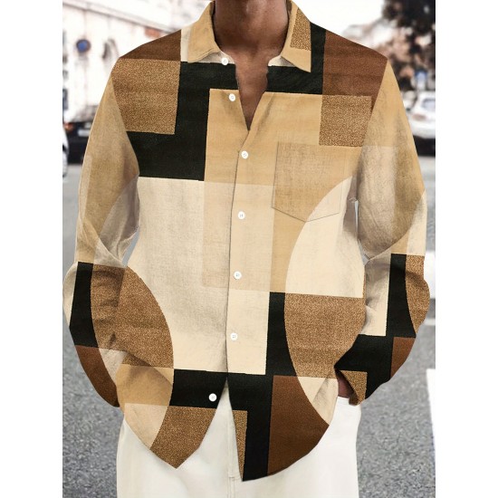 Vintage-Inspired Geometric Color Block 3D Print Men's Plus Size Button-Up Shirt with Pockets - Polyester, Machine Washable, PLUS SIZE