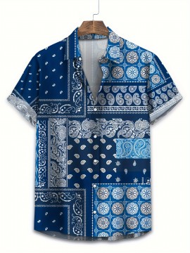 Easy-Care, Men's Plus Size Paisley Print Shirt - Casual Vintage Style, Short Sleeve, Button-Up, Polyester, Machine Washable - Perfect for Spring/Summer/Fall, PLUS SIZE