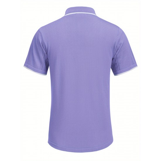 1pc Men'S Casual Knit Polo Shirt - Polyester Short Sleeve Lapel Collar, Slight Stretch Solid Color, Button Down Beach Top for Spring/Summer/Fall, Plus Size