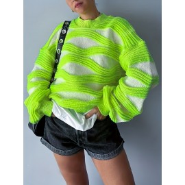 Women'S Sweater - Neon Green & White Color Block Pullover, Loose Fit Long Sleeve Sweater for Everyday & Formal Outfits, All-Season Layering Essential for Women, Vacation Outfit, Youthful Fashion, Quality Stitching, Stylish Top, Fashion Lovers