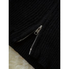 Women's Casual Oversized Hooded Cardigan - Thickened Winter Sweater with Double Zipper Front, Ribbed Cuffs & Hem, Earthy Brown, Medium Stretch for Fall & Winter Layering