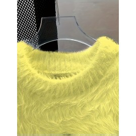 Korean Style Round Neck Sweater with Lazy Casual Metal Design Warm Faux Fur Pullover