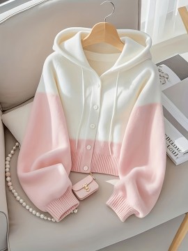 Niannian Women'S Elegant Striped Cardigan - Pink & White Contrast, Button-Front Design, Loose Fit Short Sleeve, Lightweight Fall/Winter Coat for Casual or Chic Outfits, Cute Sweater, Fall Winter Apparel, Chic Cardigan, Soft Texture