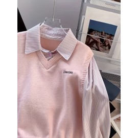 Women's Elegant Collar Sweater - Two-in-One Mock Layering Design, All-Season Office & Formal Events Sweater in Grey & Blue Horizontal Stripes, Non-Transparent Sweater for Women, Ladies Sweaters, Comfortable Fit