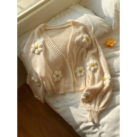 [Floral Cardigan for Women] Floral Pattern Women's Beige Cardigan - Long Sleeve Sweater with Round Neck for Spring/Fall Layering | Everyday & Formal Outfits, Lightweight Fabric, Textured Knitwear, Durable Knitwear, Office Wear, Fall Wardrobe