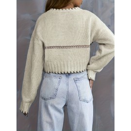 [Elegant Striped Pullover] Soft & Cozy Elegant Long Sleeve Striped Pullover for Women | Chic Round Neck, Fall/Winter Collection, Solid Color Design, Perfect for Casual or Stylish Outfits