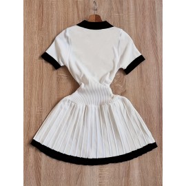 Women'S Casual Color Block V-Neck Dress with Flared Hem - White and Black, Short Sleeve, Polyester, Perfect for Spring/Summer, Casual Attire|Vneck Dress|Polyester Fabric