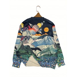 [All-Over Print, Thin Sweater] All-Over Print Thin Sweater | Universe Pattern, Casual Crew Neck Long Sleeve, Women's Clothing