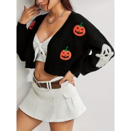 Women's Halloween Sweater - Black with Orange Pumpkin Patterns, Open Front Closure Cardigan, Non-Transparent Fall Winter Party Outfit, Elegant Halloween Party Jacket for Women, Halloween Clothes, Festive Attire, Medium Elasticity