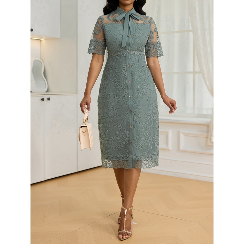 Women's Elegant Embroidered Lace Slim-Fit Midi Dress with Lace-Up Front & Short Sleeves - Machine Washable A-Line Silhouette for All-Season Wear, HRYY284