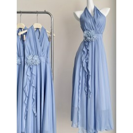 Blue Vacation Style French Floral Waist-Cinched Halter Neck Sleeveless Backless Chiffon Maxi Dress for Women, Summer