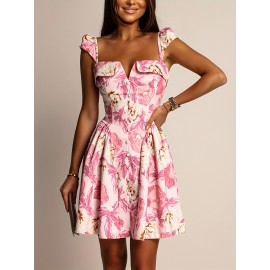 Women's Elegant Floral Dress - Square Neck flared skirt, Pink Floral Print, for Party, Date, Wedding - Women's Formal & Casual Outfits