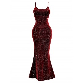 Spring/Summer Adjustable Strap Crystal Embellished Backless Dress with Chest Pad