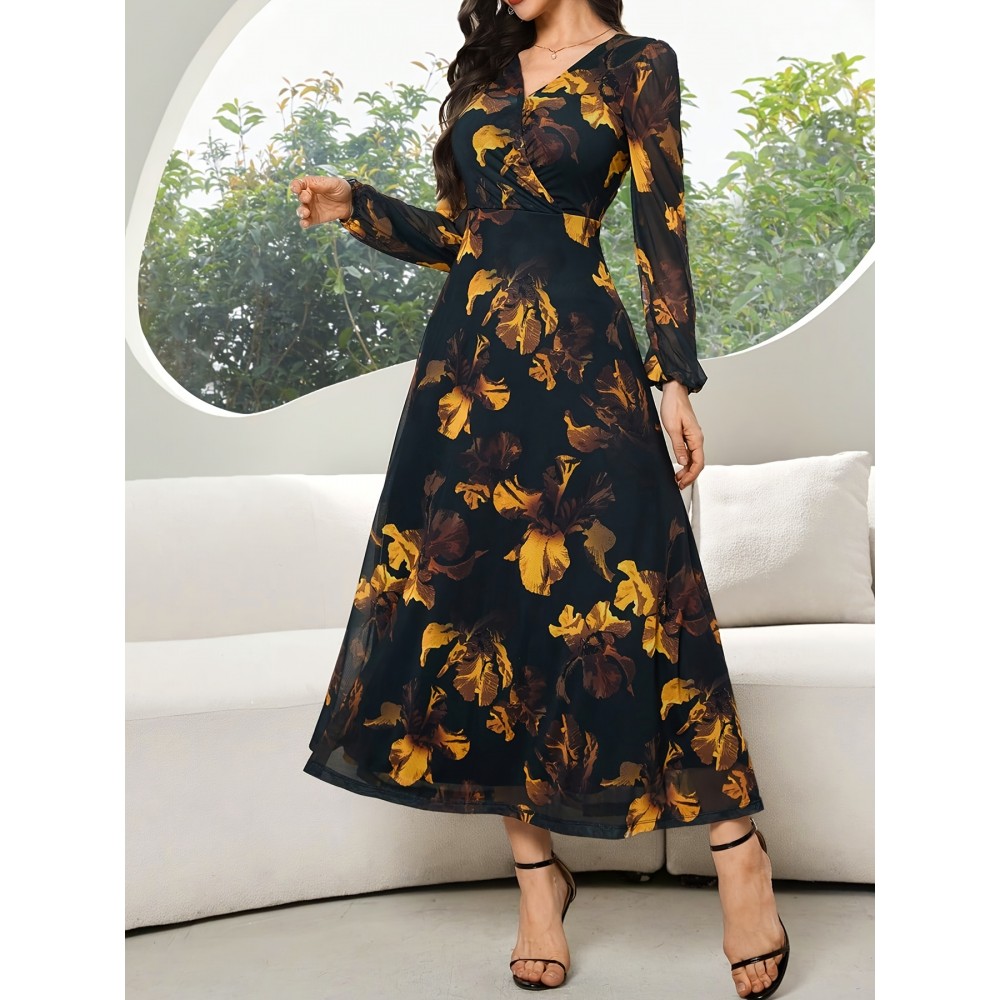 Print Women'S Long Sleeve Slim Fit Dress with Cross Neckline & Lantern Sleeves - A-Line Silhouette, Black & Golden Floral Print, All-Season Versatile Wear, Elegant Event Attire | Aline Silhouette | Sophisticated Style
