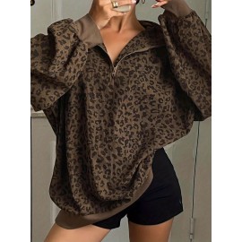 Women'S Stylish Leopard Print Sweatshirt with Front Zipper - Casual Long Sleeve Pullover, Brown & Gray Animal Print Design, Soft Polyester Fabric, Perfect for Spring & Fall