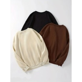 3pcs Letter Print Pullover Sweatshirt, Autumn and Winter Casual Long Sleeve Crew Neck Sweater for Women