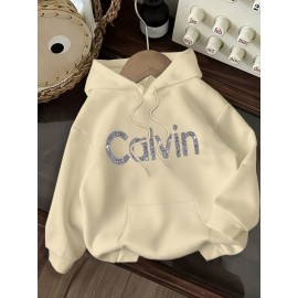 Women's CALVIN Letter Print Hooded Sweatshirt - Oversized Kangaroo Pocket & Drawstring Hood, Cozy Fall Winter Sweater with White CALVIN Logo, Casual Pullover (Machine Washable) for Casual Attire