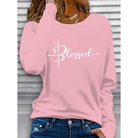 Women'S Long Sleeve T-Shirt - Blessed Script Lettering Top, Soft Everyday Casual Shirt for Everyday & Formal Outfits, All-Season Layering Essential Basic Tops for Women, Versatile Clothing, Classic Round Neckline, Durable Fabric