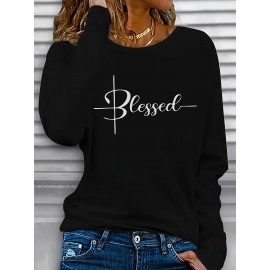 Women'S Long Sleeve T-Shirt - Blessed Script Lettering Top, Soft Everyday Casual Shirt for Everyday & Formal Outfits, All-Season Layering Essential Basic Tops for Women, Versatile Clothing, Classic Round Neckline, Durable Fabric