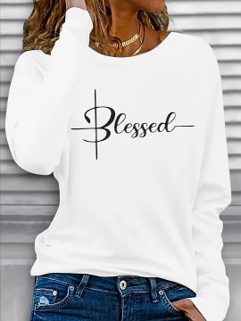 Women'S Long Sleeve T-Shirt - Blessed Script Lettering Top, Soft Everyday Casual Shirt for Everyday & Formal Outfits, All-Season Layering Essential Basic Tops for Women, Versatile Clothing, Classic Round Neckline, Durable Fabric
