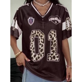 [Leopard Print T-Shirt] Trendy Leopard Print T-Shirt for Women - Brown & Black Animal Graphic Tee, Soft Everyday Casual Top for Parties, Outfits, All-Season Fashion | Comfortable Fit, Stylish Blouse, Breathable Material