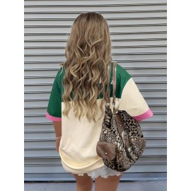 [Retro Y2K Colorblock Tee] Retro Vintage Y2K Women's T-Shirt - Pastel Green & Pink Colorblock Tee | Machine Washable, All-Season Casual Top, Bold Letter Print, Versatile Clothing