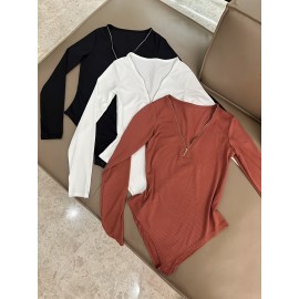 Set of 3 Autumn and Winter V-Neck Ribbed Zipper Stretch Comfortable Versatile Long-Sleeve Pullover Jumpsuit