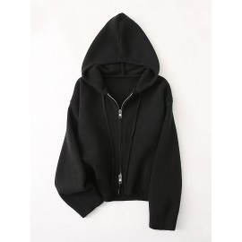 Women's Casual Oversized Hooded Cardigan - Thickened Winter Sweater with Double Zipper Front, Ribbed Cuffs & Hem, Earthy Brown, Medium Stretch for Fall & Winter Layering