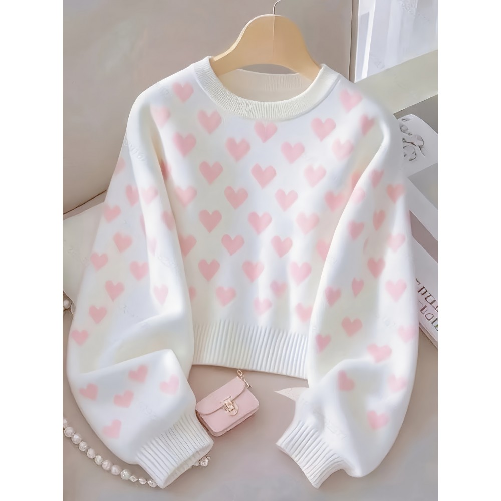 Women'S Pink Heart Sweater - Soft & Cozy Long Sleeve Pullover with Round Neck, Elegant Casual to Formal Wear, All-Season Comfort, Casual Wear Sweater | Round Neck Sweater | Soft Texture
