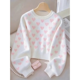 Women'S Pink Heart Sweater - Soft & Cozy Long Sleeve Pullover with Round Neck, Elegant Casual to Formal Wear, All-Season Comfort, Casual Wear Sweater | Round Neck Sweater | Soft Texture