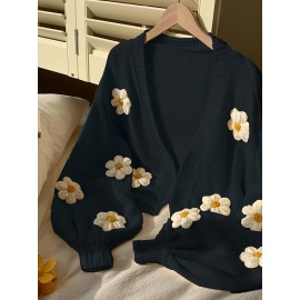 [Floral Cardigan for Women] Floral Pattern Women's Beige Cardigan - Long Sleeve Sweater with Round Neck for Spring/Fall Layering | Everyday & Formal Outfits, Lightweight Fabric, Textured Knitwear, Durable Knitwear, Office Wear, Fall Wardrobe