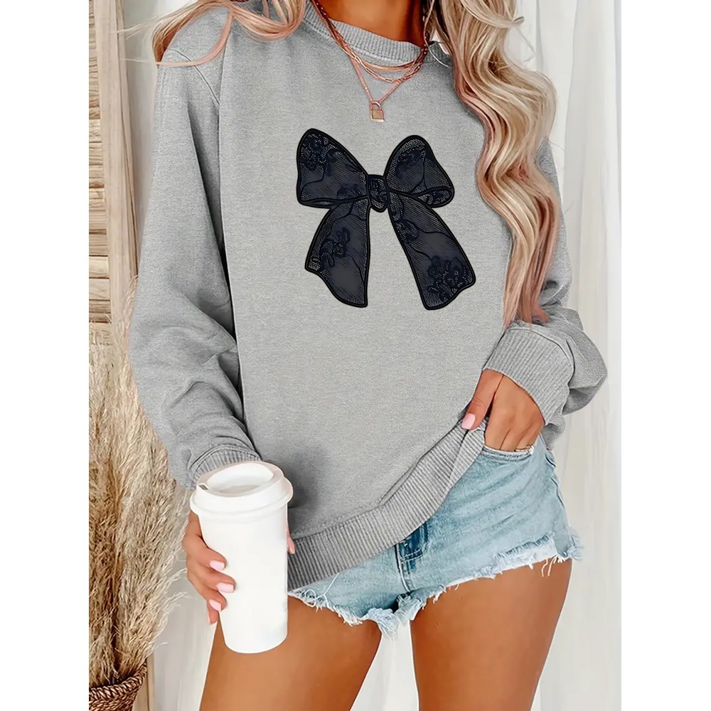 [Cute Butterfly] Plus Size Women's Black Butterfly Sweatshirt | Casual Long Sleeve Crew Neck Fall Winter Pullover, Machine Washable Polyester Top