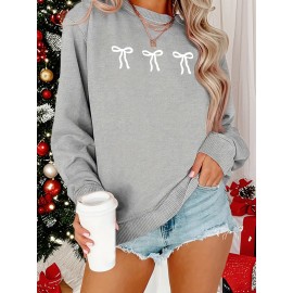 [Cozy Plus Size Sweatshirt] Polyester Plus Size Women's White Bow Print Sweatshirt - Cozy, Comfortable, Machine Washable Fall & Winter Pullover with Digital Butterfly Design