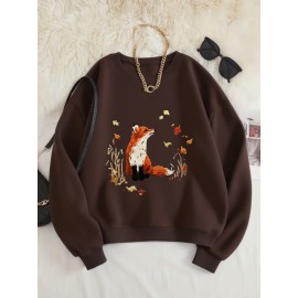 Women'S Cozy Crew Neck Sweatshirt with Vibrant Fox & Floral Print - Casual Long Sleeve Pullover for Fall & Winter, Soft Polyester Blend, Machine Washable, Allseason Apparel | Vibrant Print Top | Polyester Blend, Fox Sweatshirt